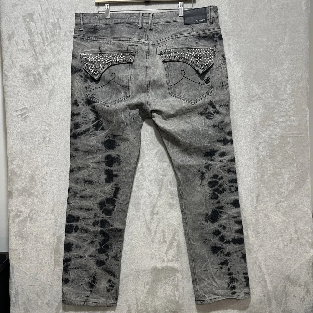 Rocawear Men's Size‎ 40X30 Gray Bleach Denim Rhinestone Pocket Jeans Streetwear